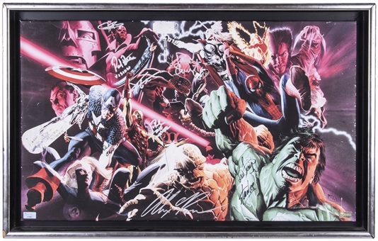 Marvel Heroes Signed 21 x 12.5 Alex Ross Giclee Canvas With 13 Signatures Including Stan Lee, Chris Hemsworth, Chris Evans & Patrick Stewart - PT 1/1 (Beckett)